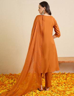 Orange embroidered pure cotton kurta trouser dupatta set 2