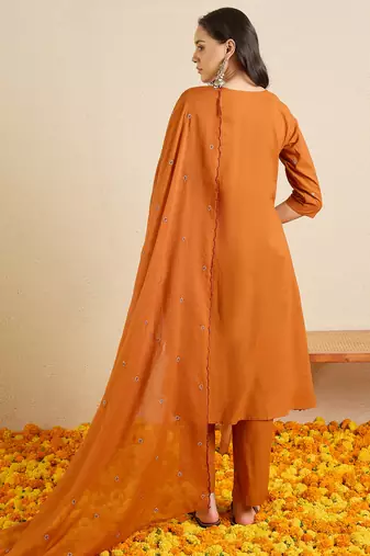 Orange embroidered pure cotton kurta trouser dupatta set