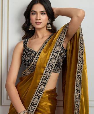 Mustard floral embroidered satin saree with unstitched blouse 5