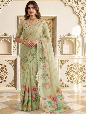 Lime embellished embroidered linen blend saree 1