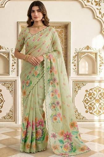 Lime embellished embroidered linen blend saree