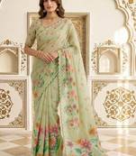 Lime embellished embroidered linen blend saree