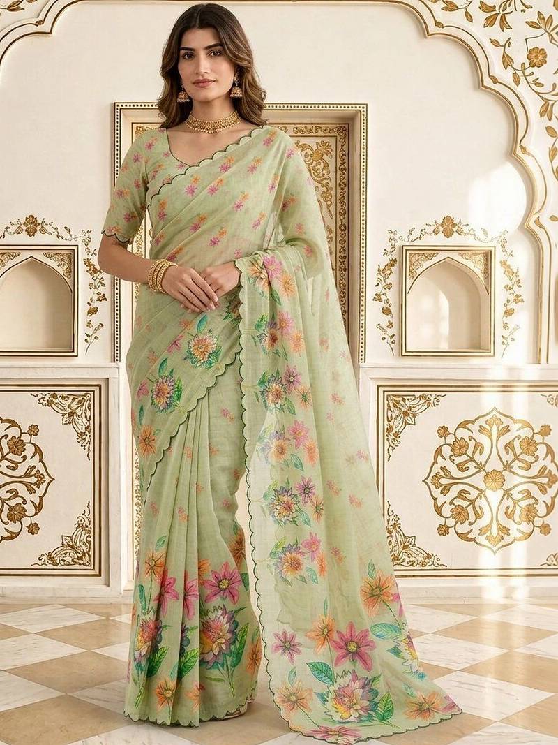 Lime embellished embroidered linen blend saree