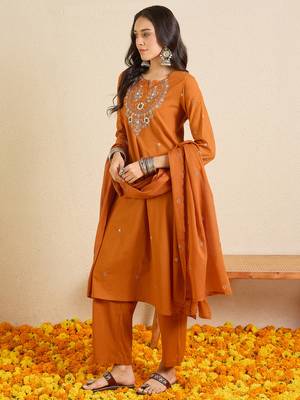 Orange embroidered pure cotton kurta trouser dupatta set 3