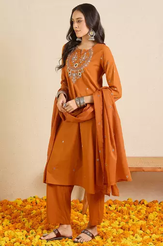 Orange embroidered pure cotton kurta trouser dupatta set
