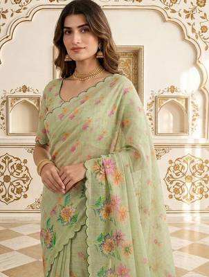 Lime embellished embroidered linen blend saree 2