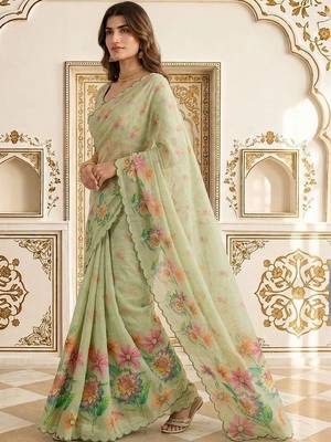 Lime embellished embroidered linen blend saree 3