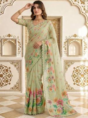 Lime embellished embroidered linen blend saree 4