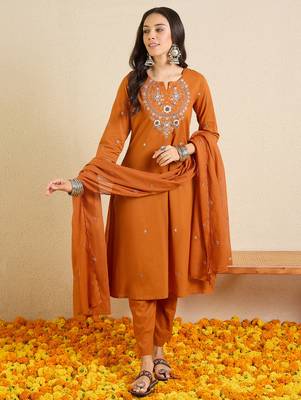 Orange embroidered pure cotton kurta trouser dupatta set 4