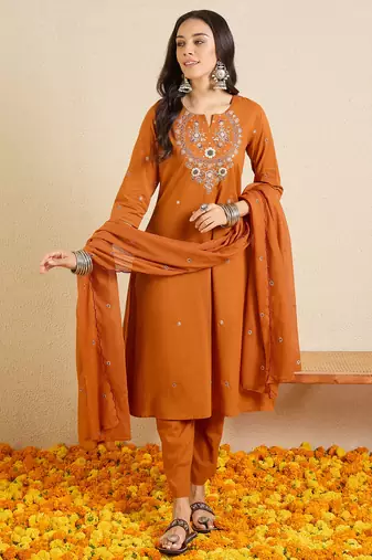 Orange embroidered pure cotton kurta trouser dupatta set