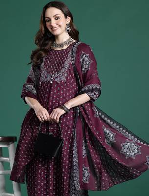 Maroon printed pure cotton kurta trouser dupatta set 1
