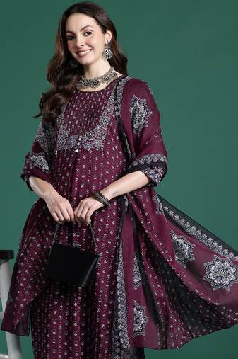 Maroon printed pure cotton kurta trouser dupatta set