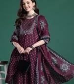 Maroon printed pure cotton kurta trouser dupatta set