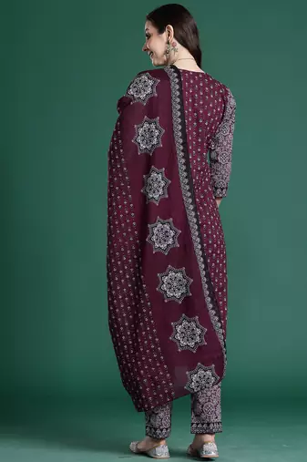 Maroon printed pure cotton kurta trouser dupatta set