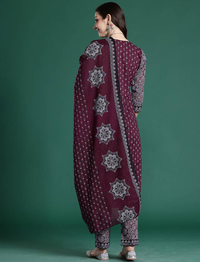 Maroon printed pure cotton kurta trouser dupatta set