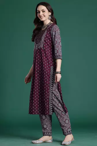 Maroon printed pure cotton kurta trouser dupatta set