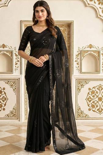 Black embellished embroidered poly georgette saree