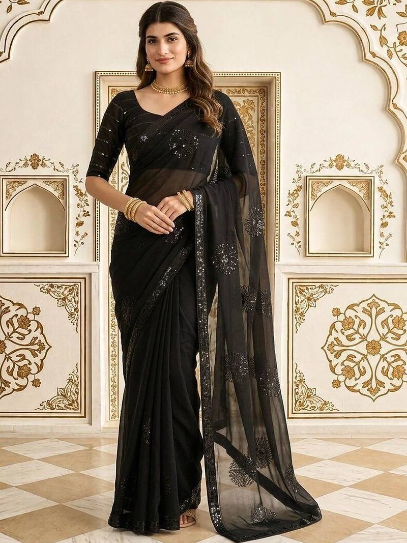 Black embellished embroidered poly georgette saree