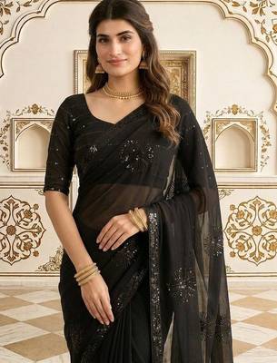 Black embellished embroidered poly georgette saree 2