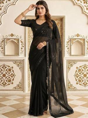 Black embellished embroidered poly georgette saree 3