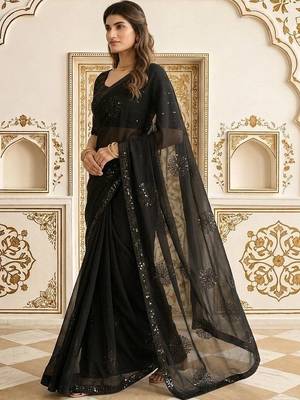 Black embellished embroidered poly georgette saree 4