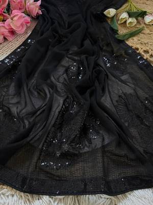 Black embellished embroidered poly georgette saree 5