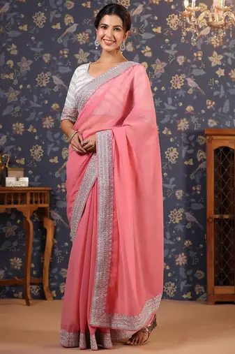 Mauve embroidered poly georgette sarees