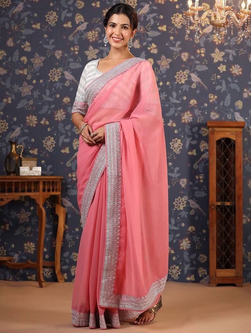 Mauve embroidered poly georgette sarees
