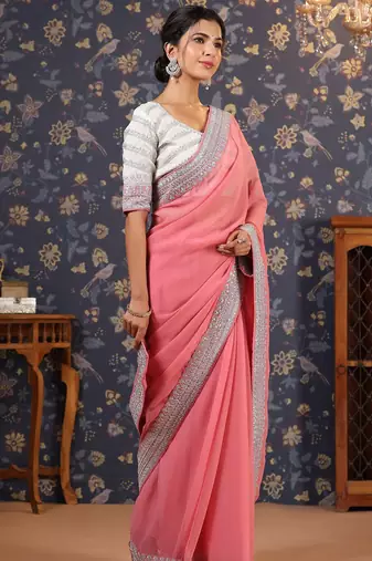 Mauve embroidered poly georgette sarees