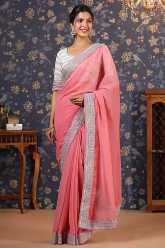 Mauve embroidered poly georgette sarees
