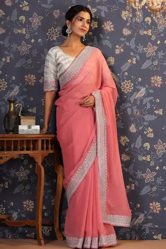 Mauve embroidered poly georgette sarees