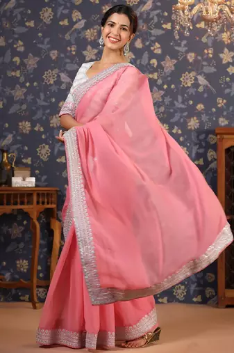Mauve embroidered poly georgette sarees