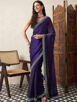 Purple beads and stones embellished organza saree 1