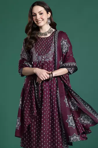 Maroon printed pure cotton kurta trouser dupatta set