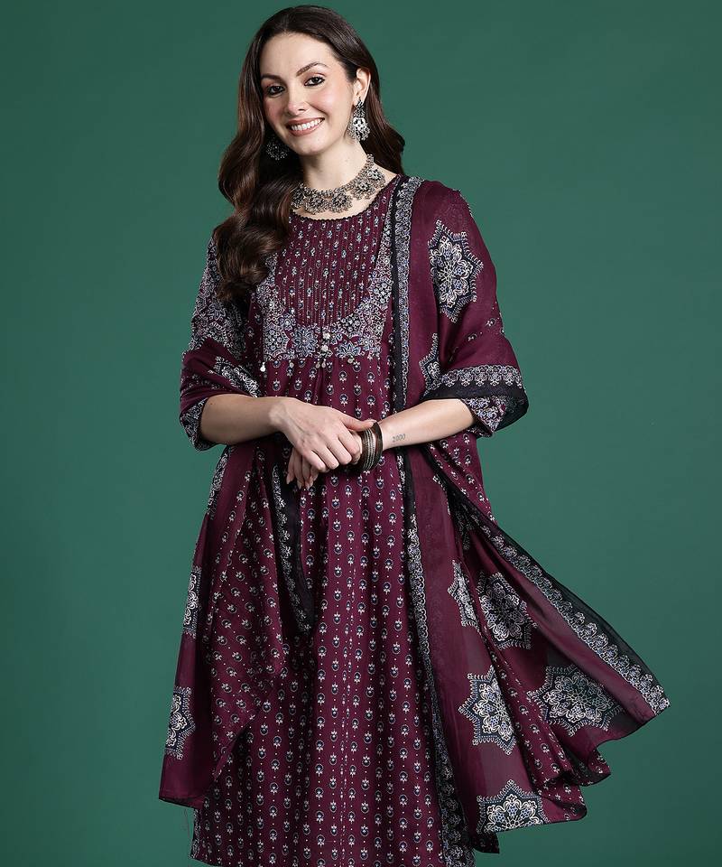 Maroon printed pure cotton kurta trouser dupatta set