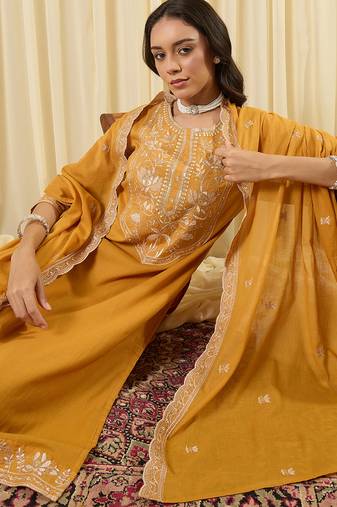 Mustard embroidered pure cotton kurta trouser dupatta set