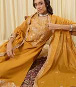 Mustard embroidered pure cotton kurta trouser dupatta set
