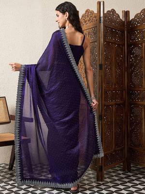 Purple beads and stones embellished organza saree 3