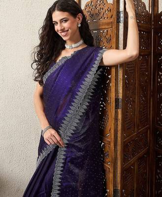 Purple beads and stones embellished organza saree 5