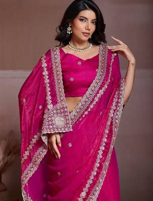 Pink embroidered saree with unstitched blouse 1