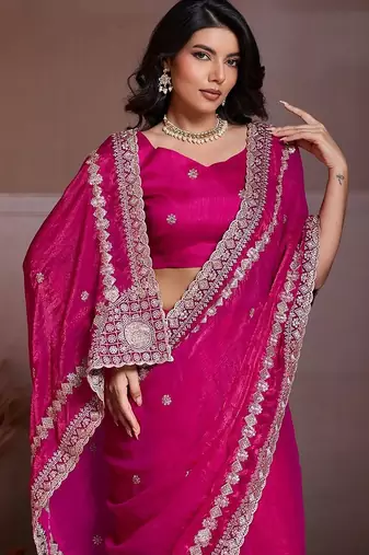 Pink embroidered saree with unstitched blouse