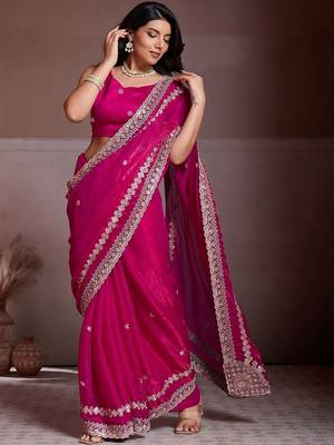 Pink embroidered saree with unstitched blouse 2