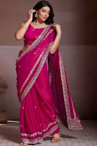 Pink embroidered saree with unstitched blouse