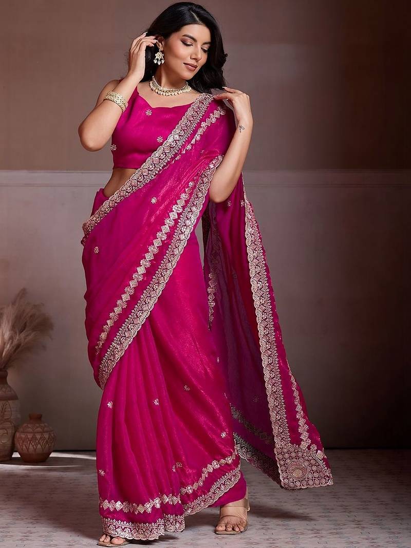 Pink embroidered saree with unstitched blouse