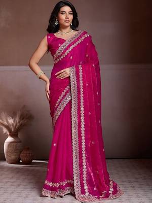 Pink embroidered saree with unstitched blouse 3