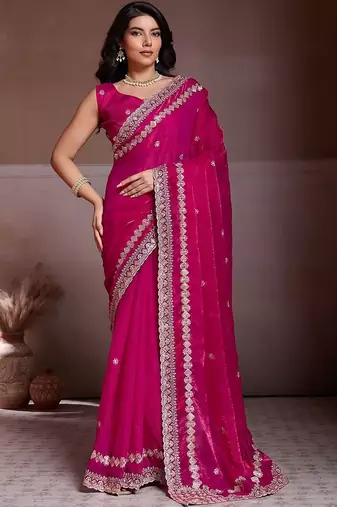 Pink embroidered saree with unstitched blouse