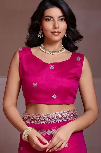 Pink embroidered saree with unstitched blouse