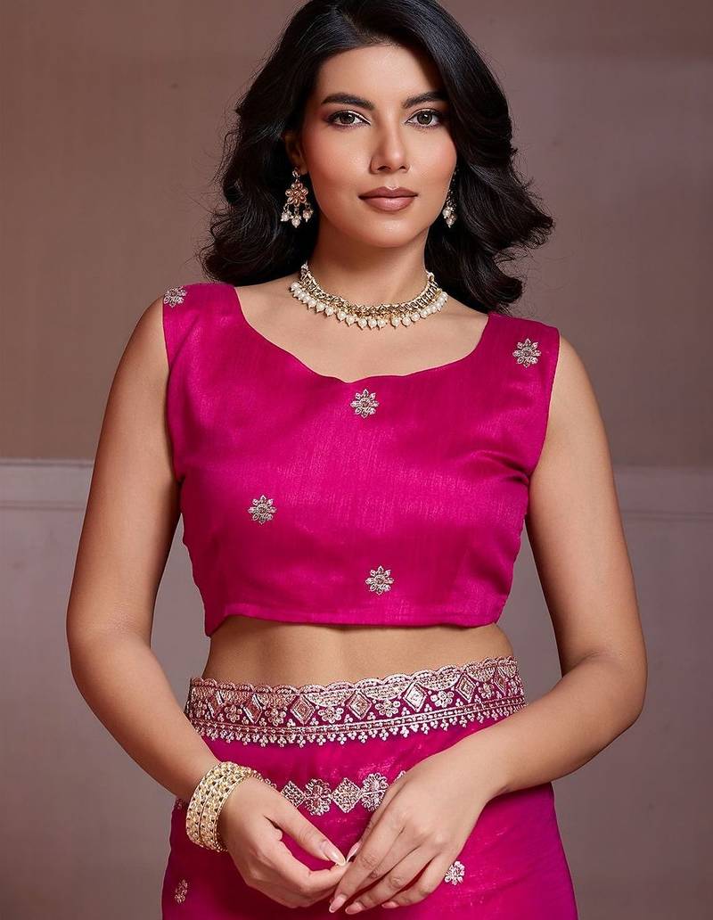 Pink embroidered saree with unstitched blouse