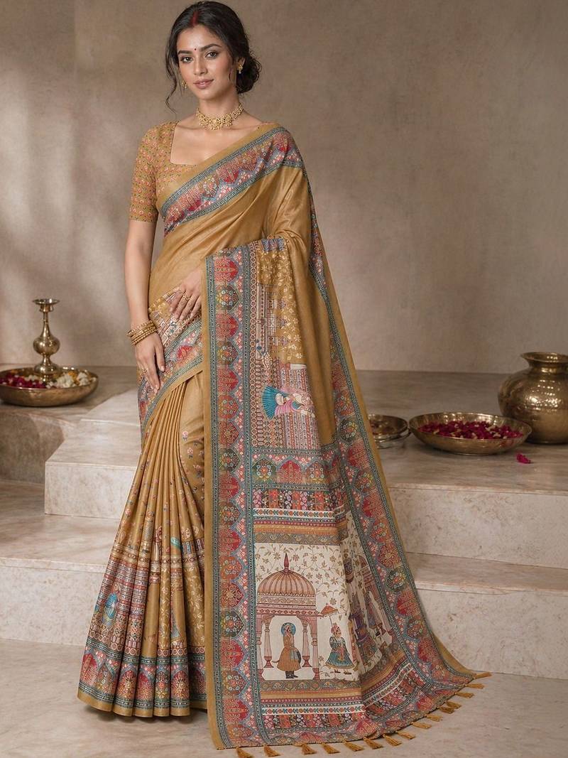 Gold printed tussar sarees blouse piece