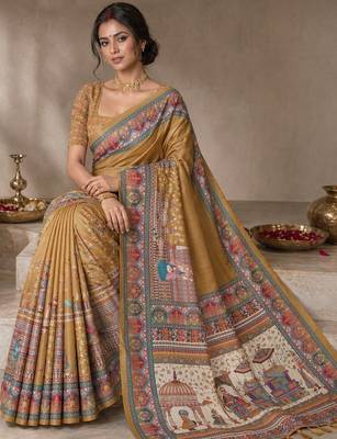 Gold printed tussar sarees blouse piece 4